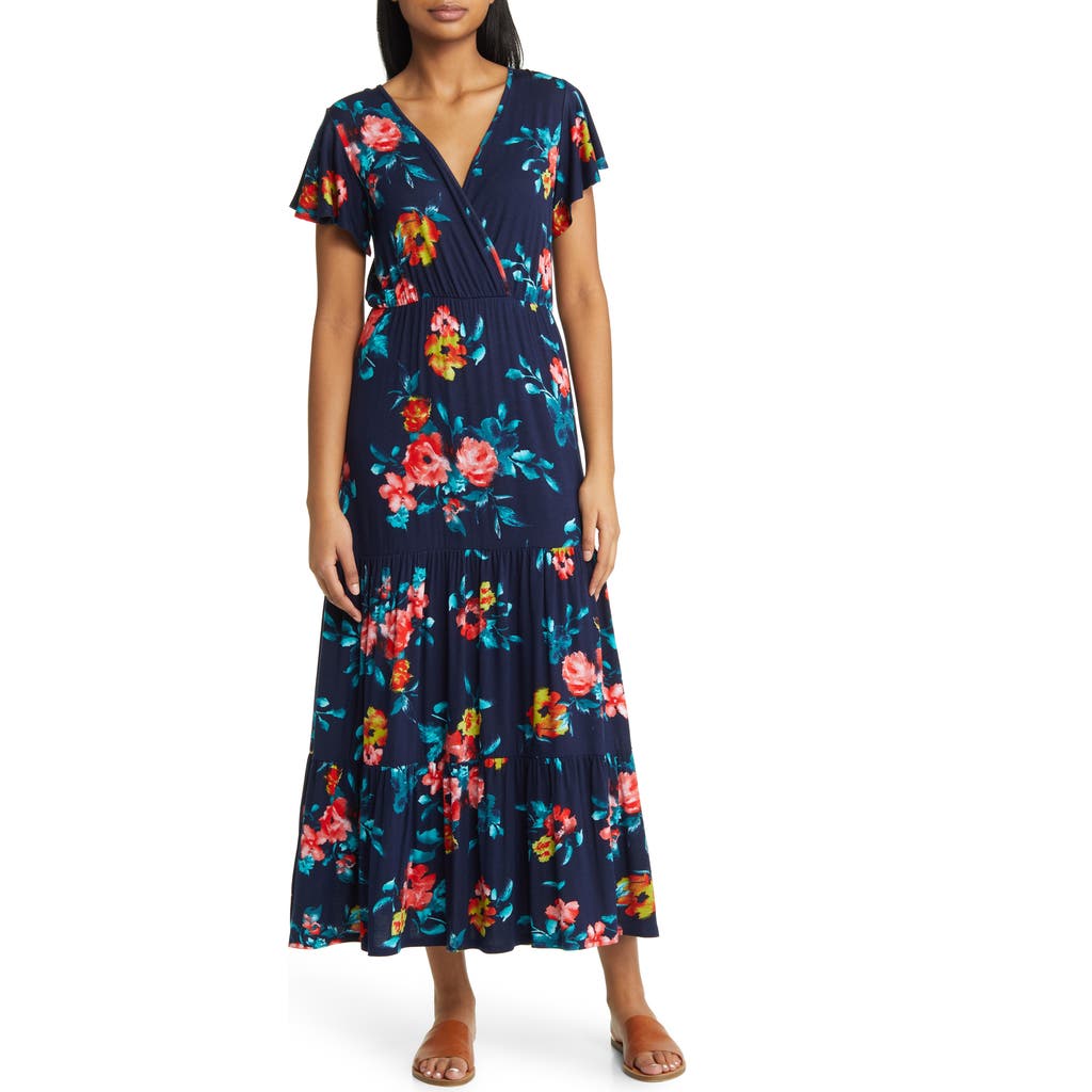 Loveappella Loveappella Floral Tiered Faux Wrap Knit Maxi Dress