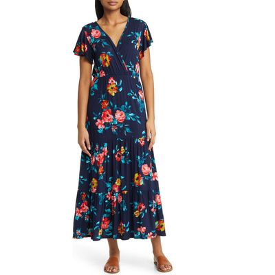 Loveappella Loveappella Floral Tiered Faux Wrap Knit Maxi Dress