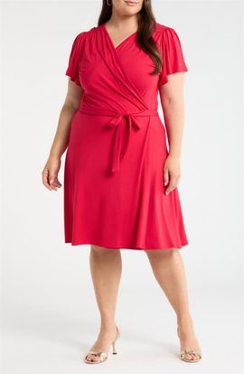 Loveappella Loveappella Flutter Sleeve Faux Wrap Jersey Dress