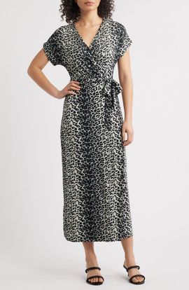 Loveappella Loveappella Leopard Print Faux Wrap Midi Dress