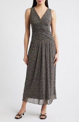Loveappella Loveappella Leopard Print Ruched Mesh Maxi Dress