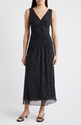 Loveappella Loveappella Polka Dot Ruched Mesh Maxi Dress