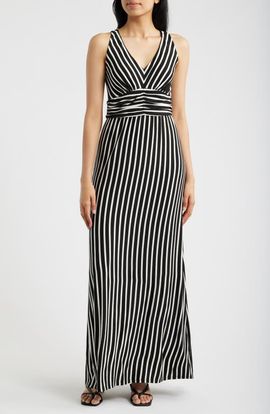 Loveappella Loveappella Striped Ruched Empire Waist Maxi Dress