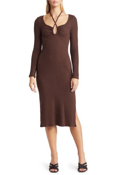 Loveappella Loveappella Tie Keyhole Long Sleeve Midi Dress