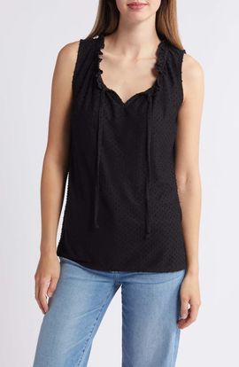 Loveappella Loveappella Tie Neck Swiss Dot Sleeveless Knit Top