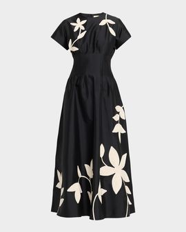 LOVEBIRDS Marvis Floral Embroidered Pleated Ankle Dress