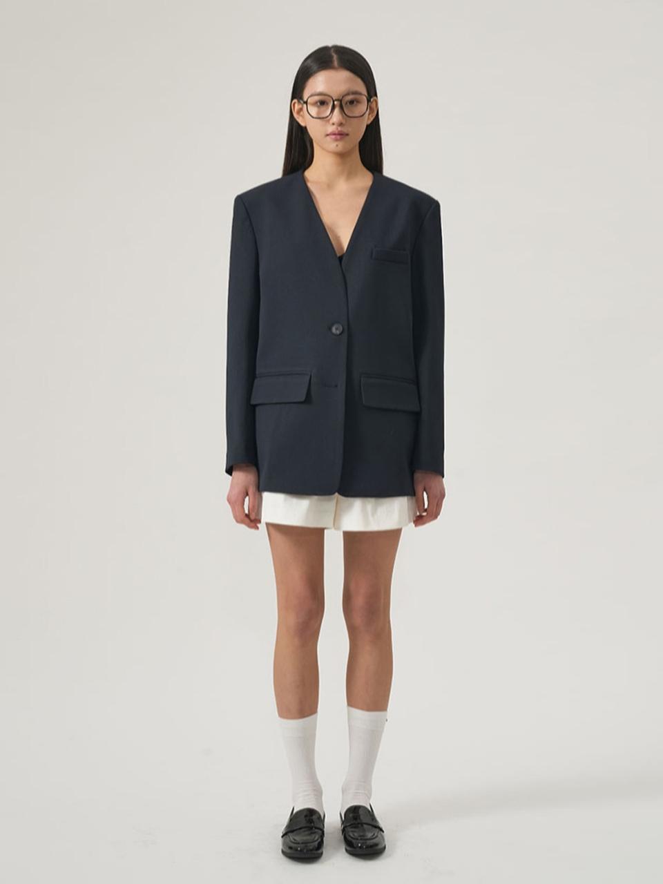 LOVEN Collarless Tailored Jacket [Navy]