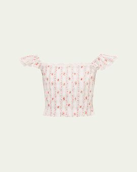 LoveShackFancy Girl's Caspia Smocked Striped Floral Cotton Top