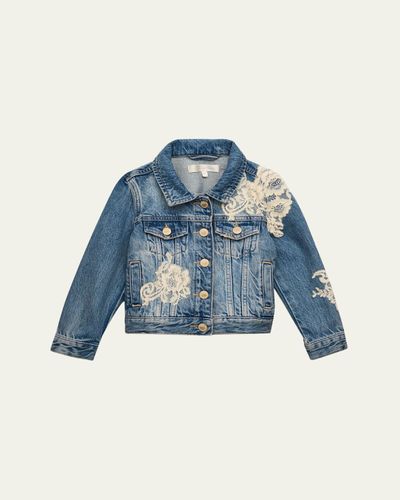 LoveShackFancy Girl's Lavina Lace Applique Denim Jacket
