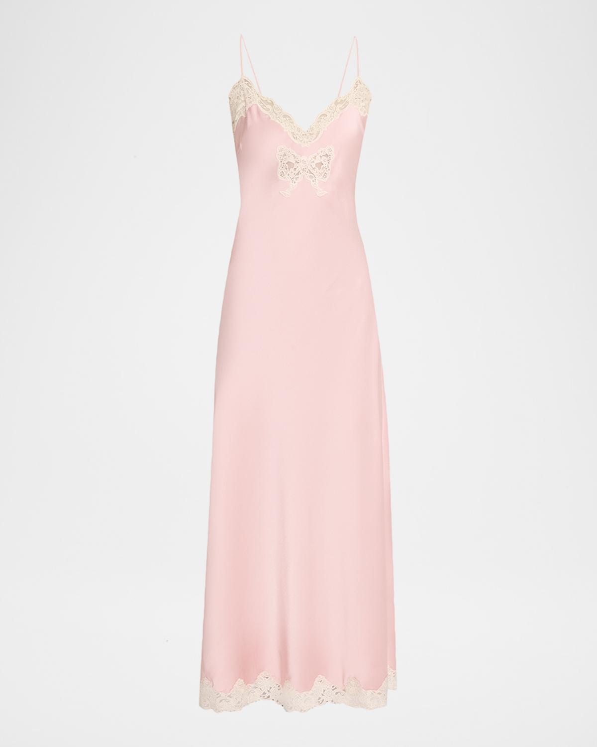 LoveShackFancy Lomira Bow Applique Satin Slip Dress
