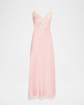 LoveShackFancy Lomira Bow Applique Satin Slip Dress