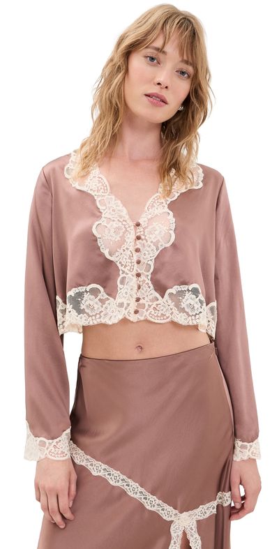 LoveShackFancy LoveShackFancy Elarine Silk Blouse Mocha