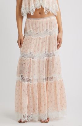 LoveShackFancy LoveShackFancy Everhart Floral Lace Detail Silk Chiffon Maxi Skirt