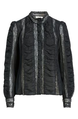LoveShackFancy LoveShackFancy Jacque Lace Silk Paneled Button-Up Shirt