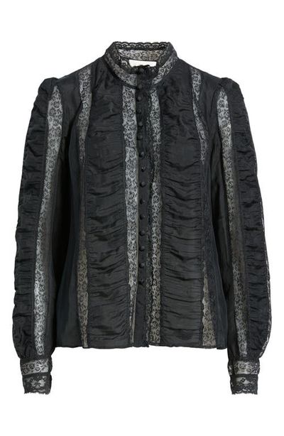 LoveShackFancy LoveShackFancy Jacque Lace Silk Paneled Button-Up Shirt