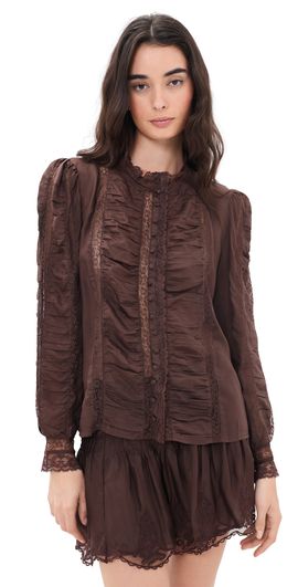LoveShackFancy LoveShackFancy Jacque Silk Top Midnight Mocha