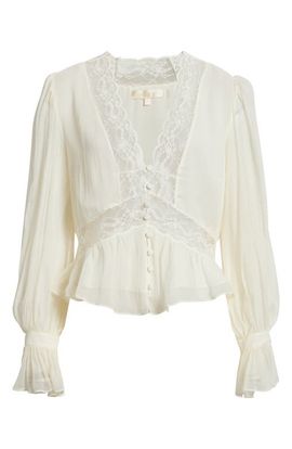 LoveShackFancy LoveShackFancy Thessira Lace Trim Ruffle Silk Top