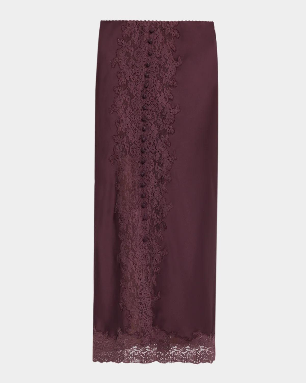 LoveShackFancy Tirelle Lace-Trim Satin Midi Skirt