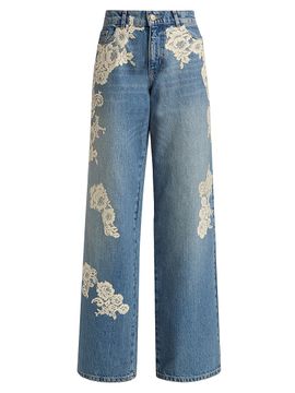 LoveShackFancy Women's Bambie Lace-Appliqué Wide-Leg Jeans