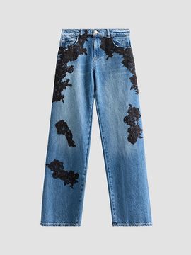 LoveShackFancy Women's Bambie Lace Appliqué Straight Jeans
