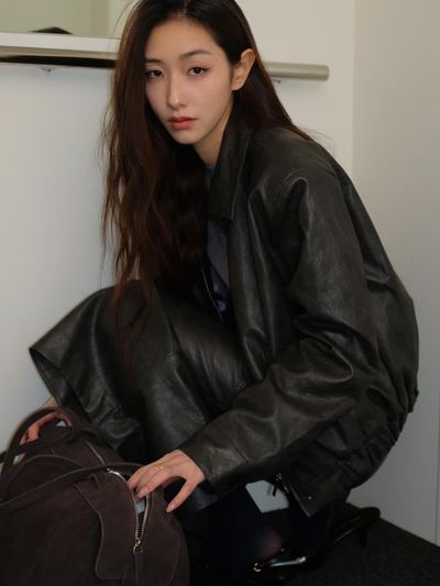 LOWTEAL Faux Leather Classic Relaxed Fit Blouson [Deep Charcoal]