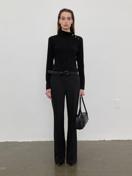 LOWTEAL GLOSSINESS FLARE BOOTCUT SLACKS, BLACK