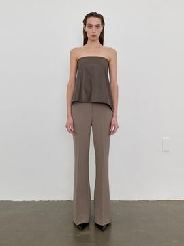 LOWTEAL GLOSSINESS FLARE BOOTCUT SLACKS, SAND BEIGE