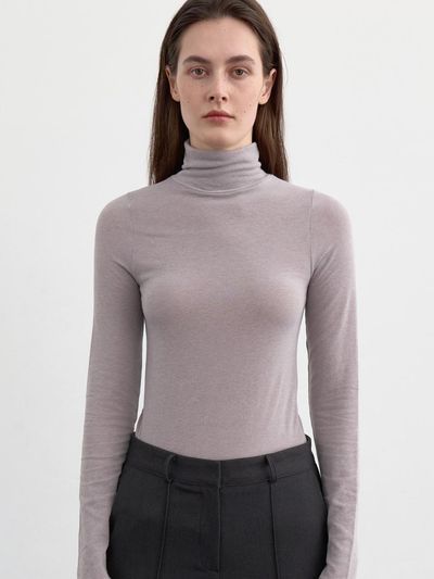 LOWTEAL LAYER WOOL POLO NECK TOP, GREYISH BEIGE