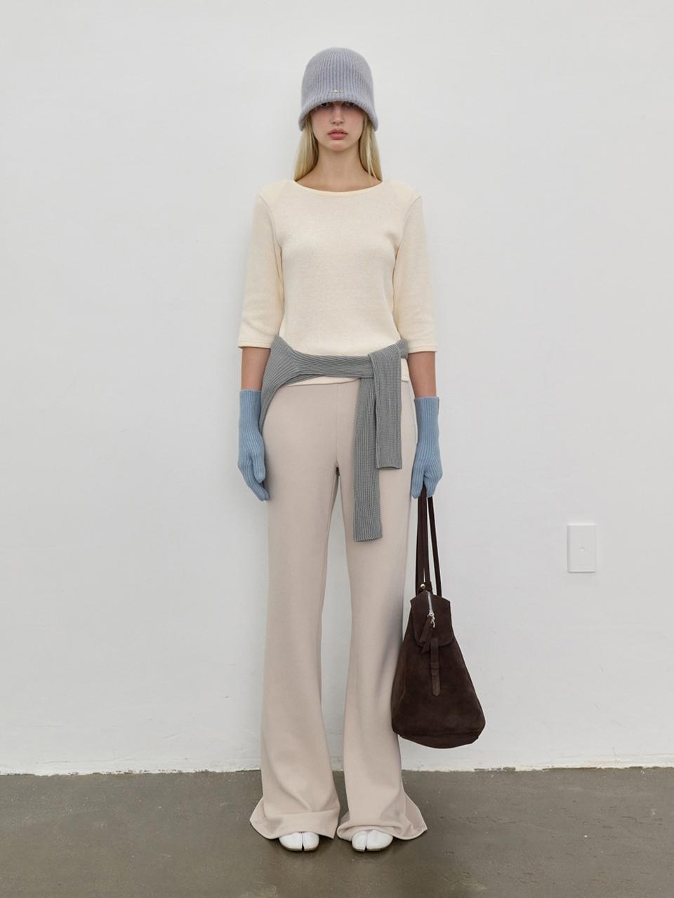 LOWTEAL LAYERD KNIT BOOTCUT PANTS, GREYISH BEIGE
