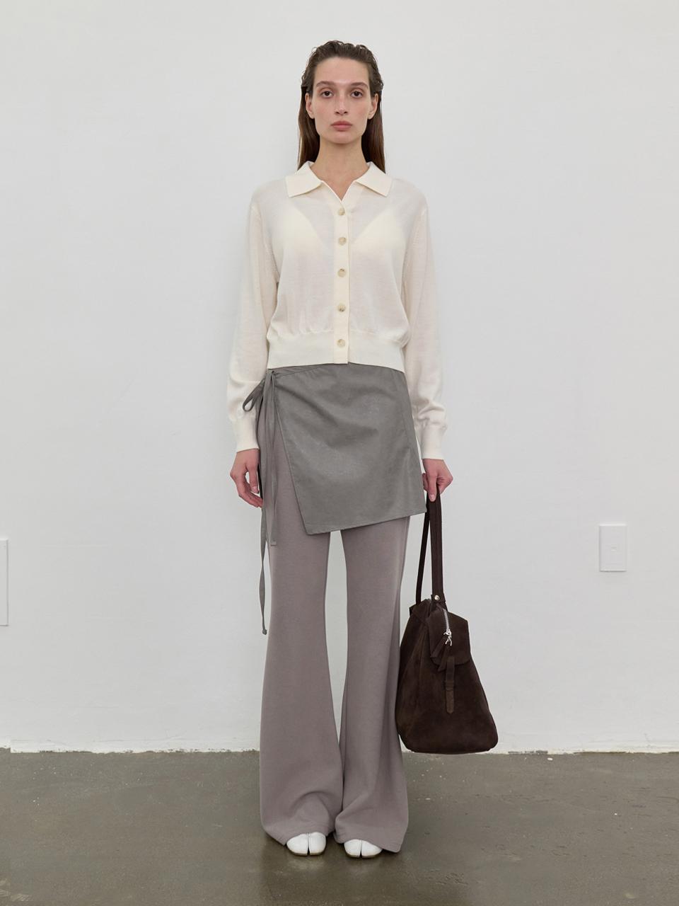 LOWTEAL LAYERD KNIT BOOTCUT PANTS, GREYISH BROWN