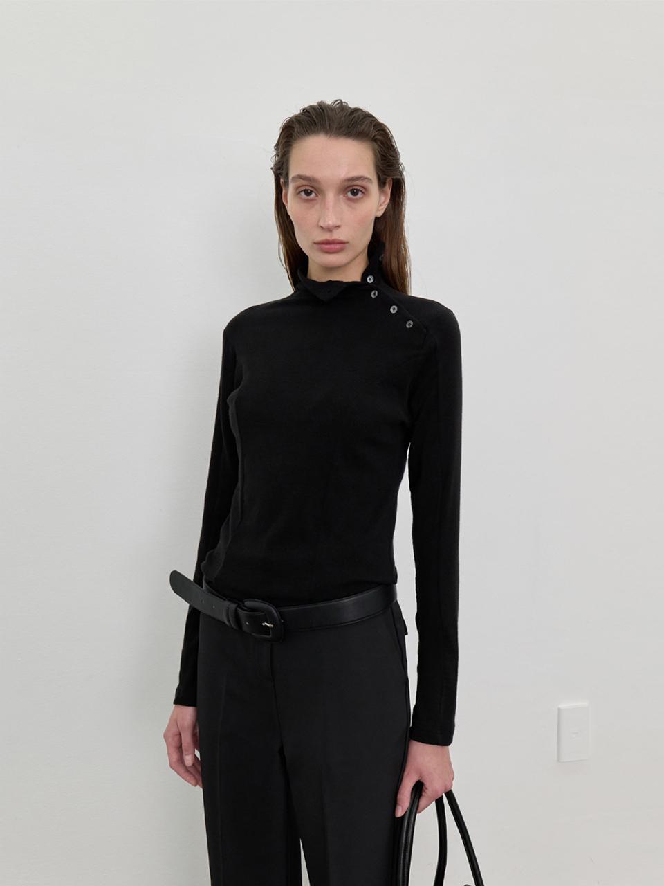 LOWTEAL LYOCELL WOOL BUTTON-UP POLO T-SHIRT, BLACK