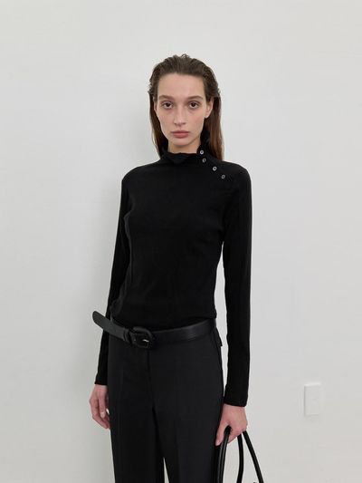 LOWTEAL LYOCELL WOOL BUTTON-UP POLO T-SHIRT, BLACK