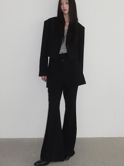 LOWTEAL Maxi Flared Bootcut Textured Slacks [Black]