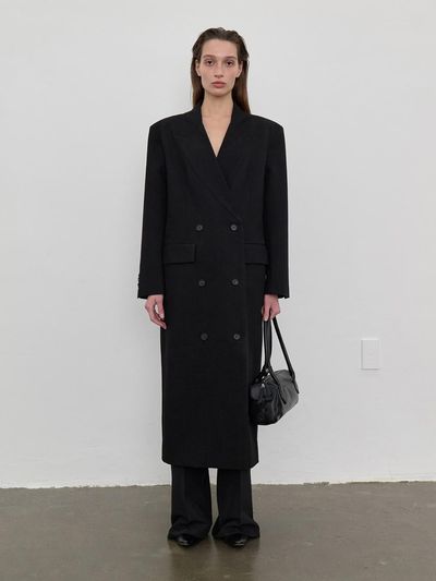 LOWTEAL TEXTURED FAKE COLLAR LONG JACKET, BLACK