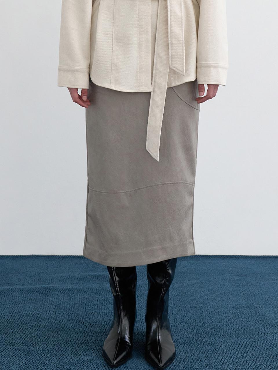 LOWTEAL WAVY ECO LEATHER SKIRT, CEMENT GREY