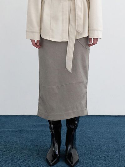 LOWTEAL WAVY ECO LEATHER SKIRT, CEMENT GREY