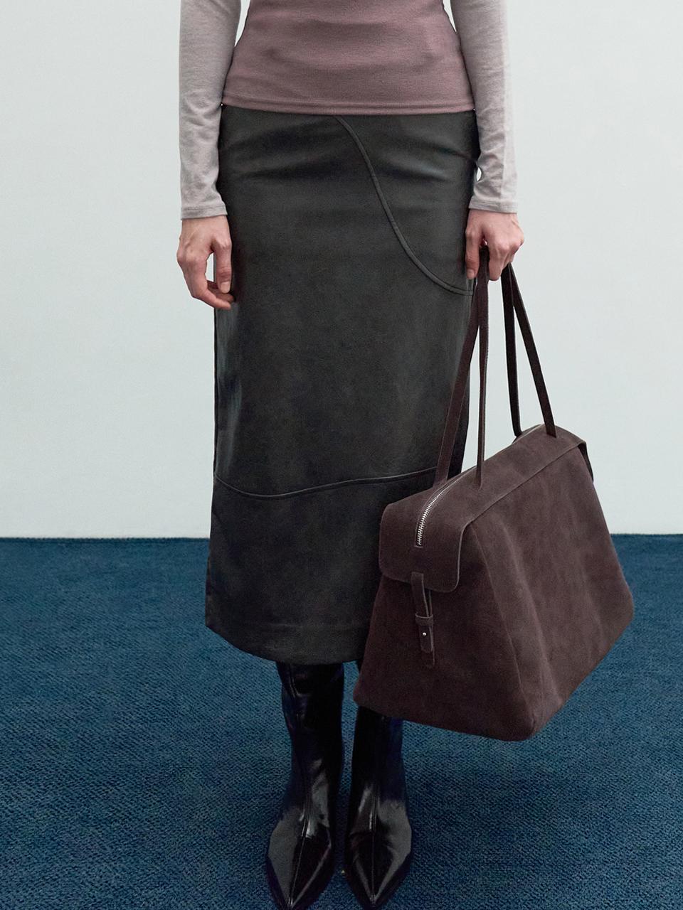 LOWTEAL WAVY ECO LEATHER SKIRT, DEEP CHARCOAL