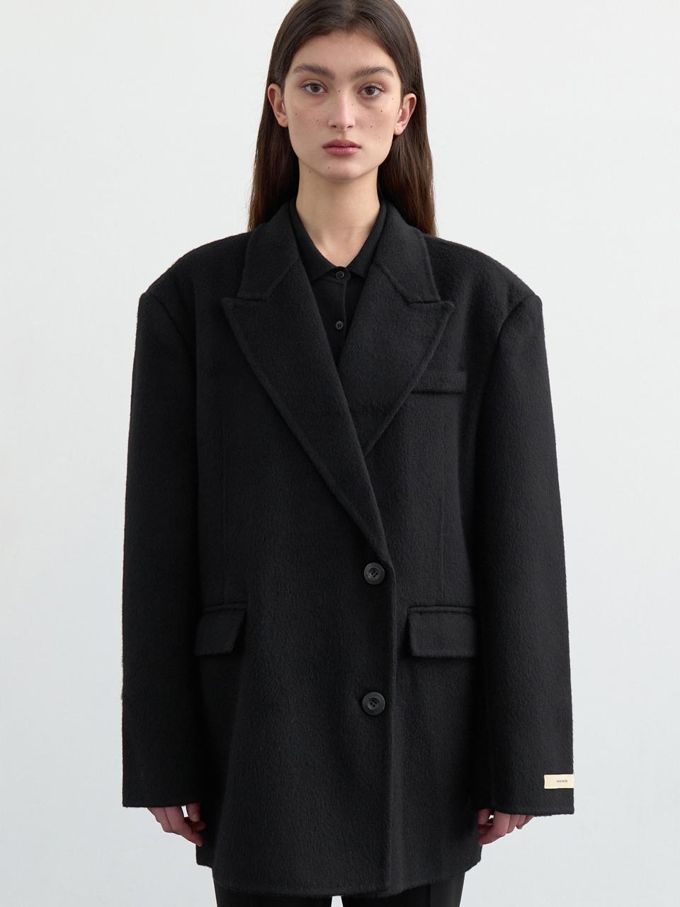 LOWTEAL WOOL 100% HANDMADE HALF DOUBLE COAT, BLACK