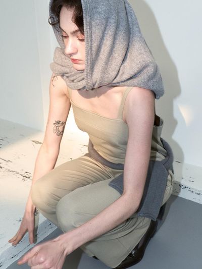 LOWTEAL Wool Blend Square Neck Wide Jumpsuit [Greyish Beige]
