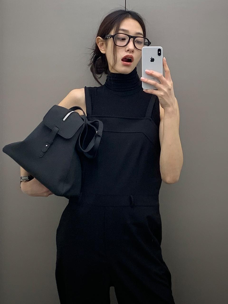 LOWTEAL Wool Blend Wide Square Neck Jumpsuit [Black]