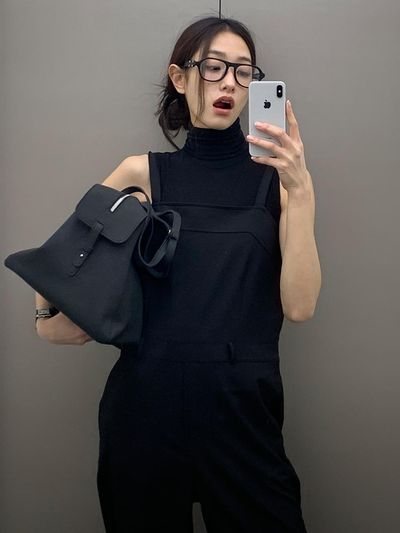 LOWTEAL Wool Blend Wide Square Neck Jumpsuit [Black]