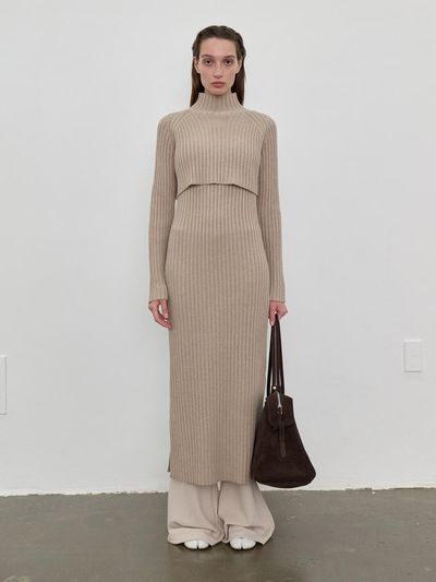 LOWTEAL WOOL CASHMERE POLO NECK DRESS SET, BEIGE