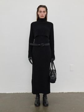 LOWTEAL WOOL CASHMERE POLO NECK DRESS SET, BLACK