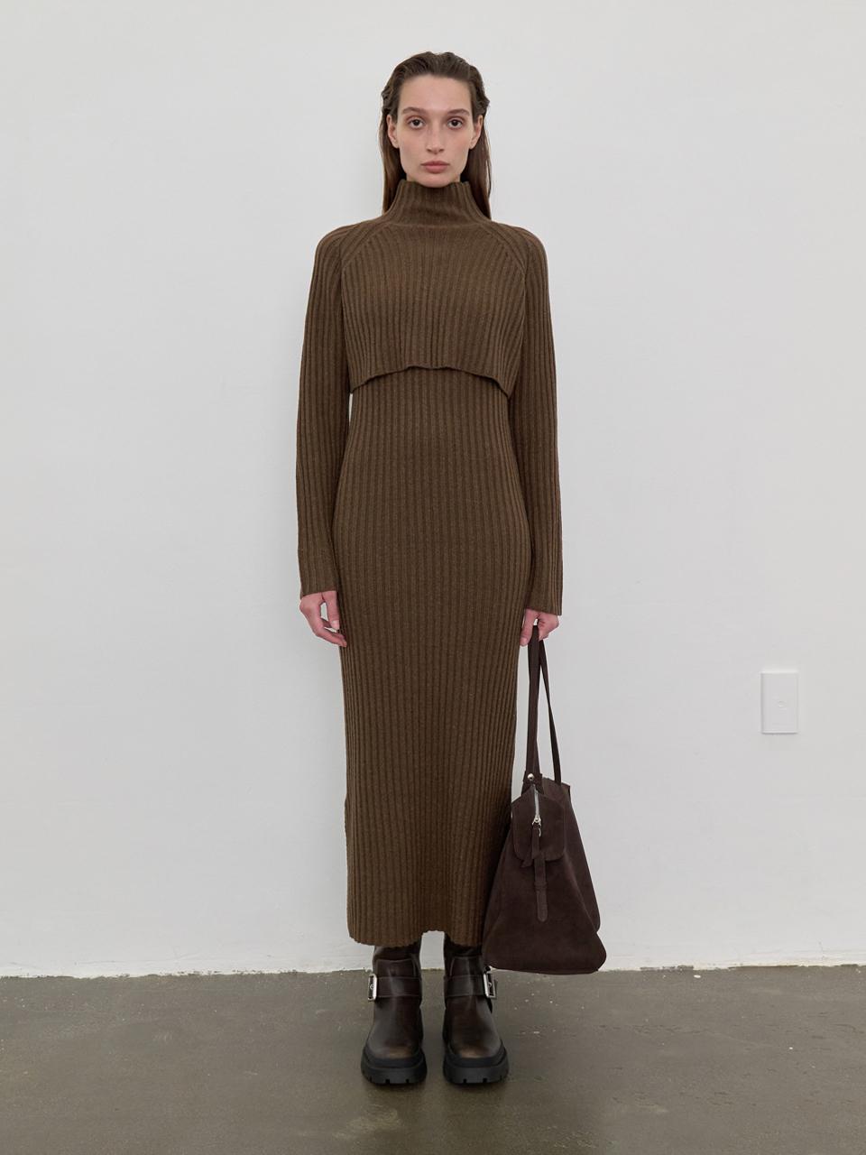 LOWTEAL WOOL CASHMERE POLO NECK DRESS SET, BROWN