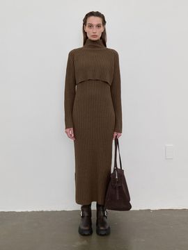 LOWTEAL WOOL CASHMERE POLO NECK DRESS SET, BROWN
