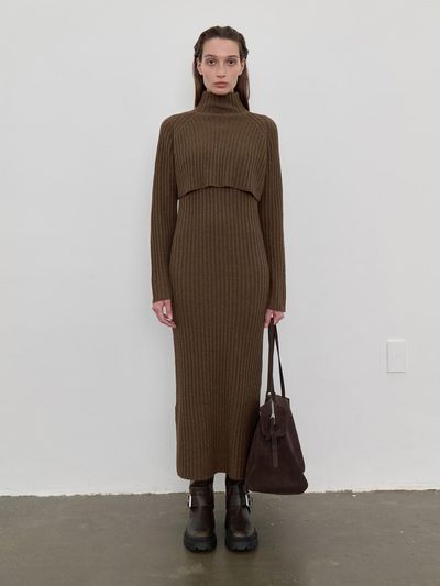 LOWTEAL WOOL CASHMERE POLO NECK DRESS SET, BROWN