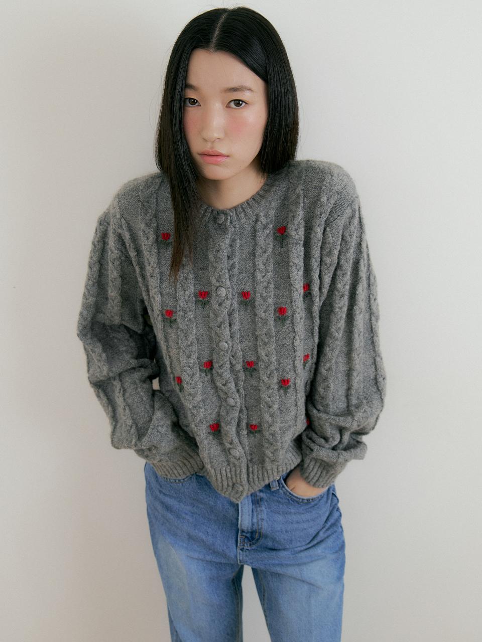 Lucirzu Flower Wool Knit Cardigan [Charcoal]