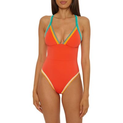 Lucky Brand Lucky Brand Avila Embroidered Trim Colorblock Binding One-Piece Swimsuit