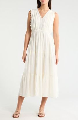 Lucky Brand Lucky Brand Lace Detail Tiered Cotton Midi Dress