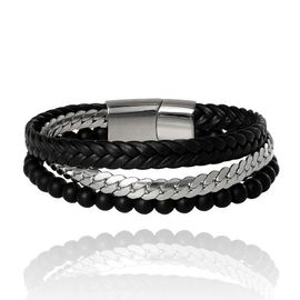 Lucky Brand Lucky Brand Men's 3-Row Chain & Bead Bracelet, Black, Magnetic Clasp - 8.5'' 